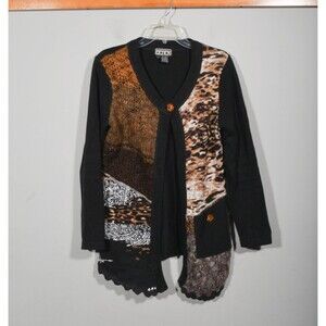 Vintage Berek 2 Long Sweater Cardigan Patchwork Animal Print Art to Wear Sz L